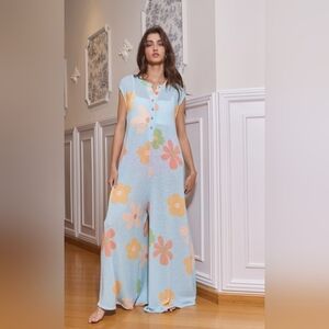 Light Blue Floral Wide-Leg Jumpsuit